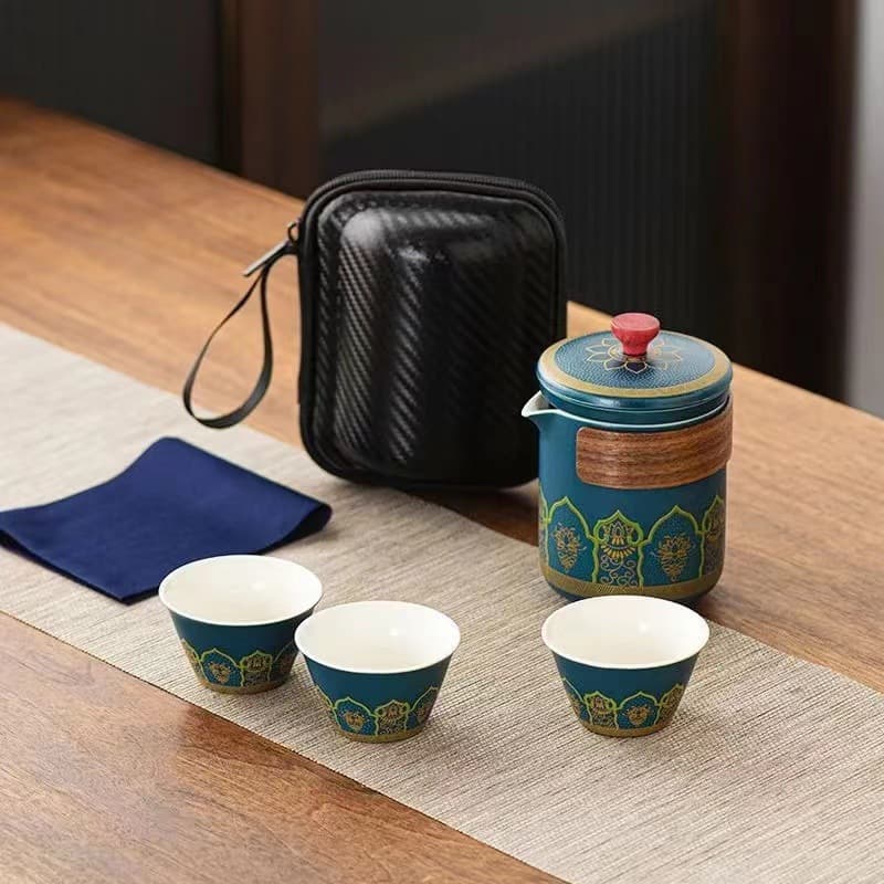 Portable Mini Travel Tea Set, Outdoor Tea Brewing Bag with Ceramic One Pot and Three Cups, Car-Friendly Quick Cup Set
