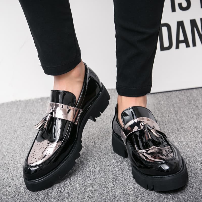 Men's Size 45 Fashionable British Style Casual Leather Shoes Increased Height Slip-On Super Fiber Round Toe Low Heel Rubber Sole