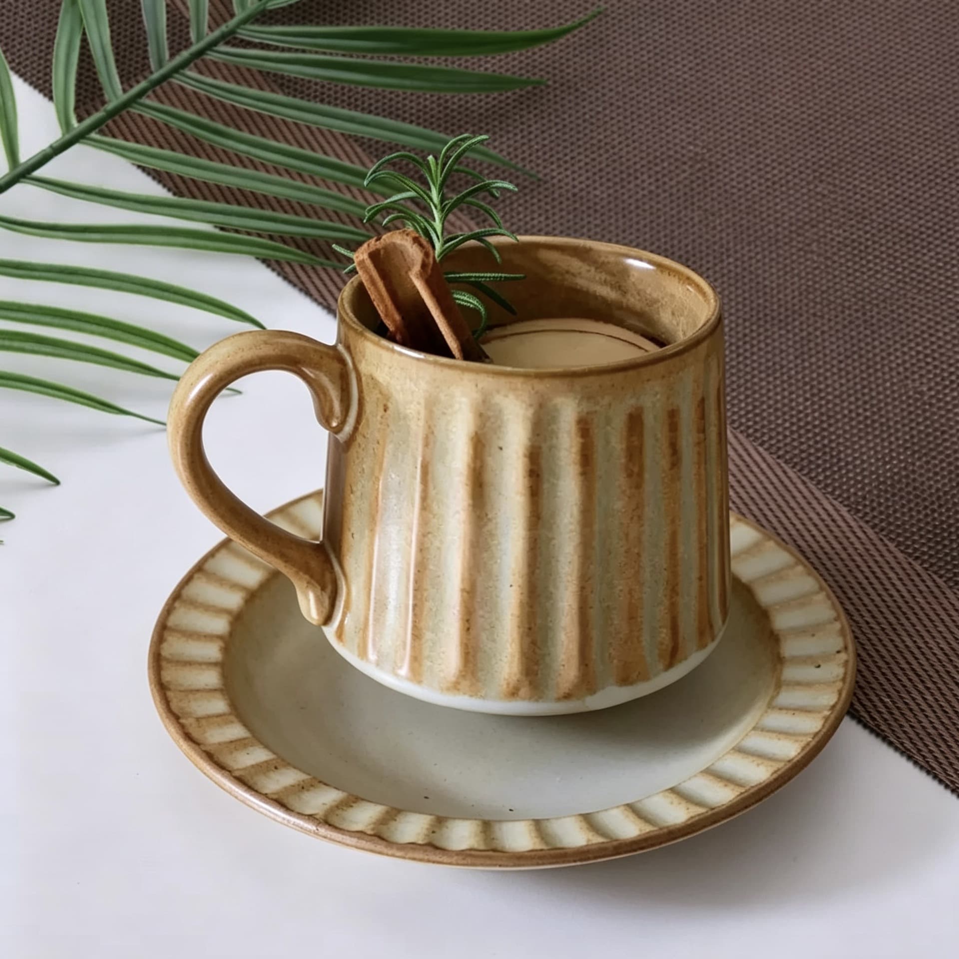 Vintage Ceramic Striped Afternoon Tea Milk Coffee Latte Art Cup Hand-Painted Rustic Ceramic Mug Italian Nostalgic Style Cup and Saucer