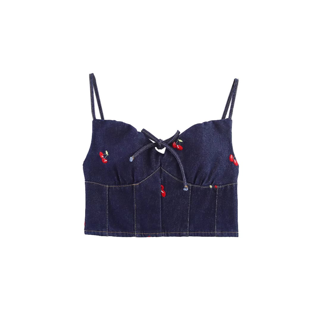 New Summer French Vintage Trendy Washed Denim Embroidered Adjustable Strap Short Camisole Top