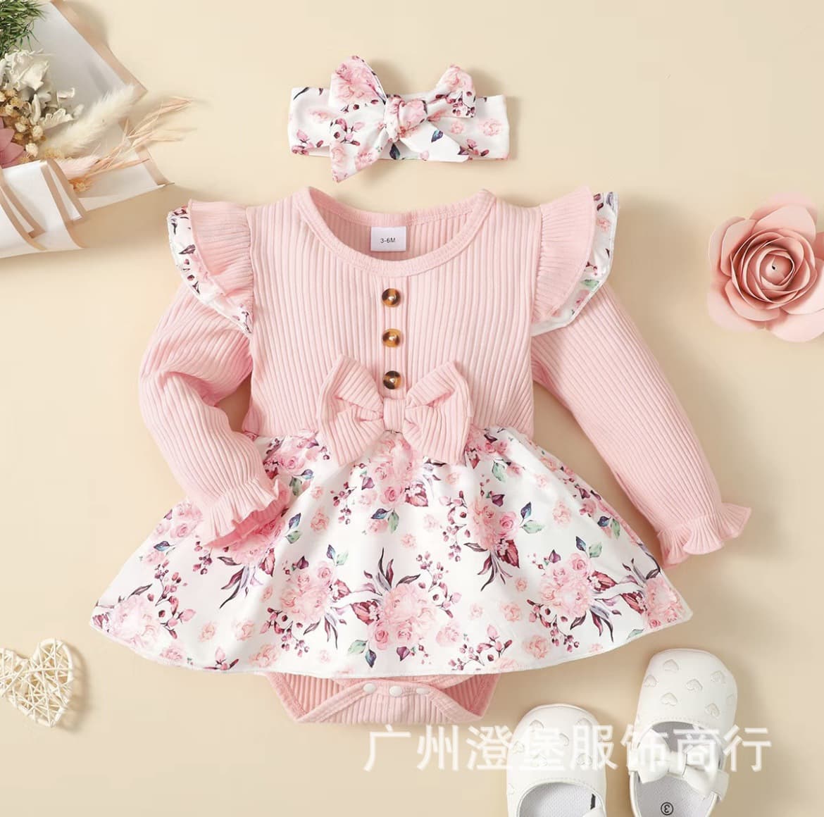 ins infant and toddler spring and autumn Korean style long-sleeved pit striped thread splicing floral print one-piece triangle dress