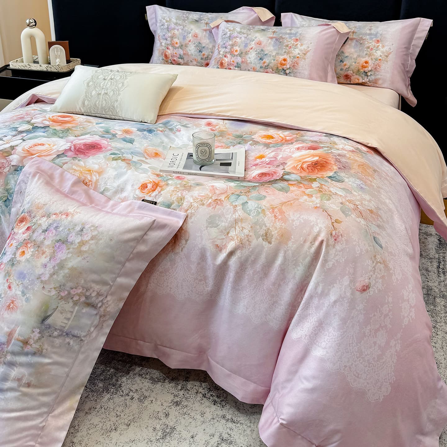 High-Count Egyptian Long-Staple Cotton Digital Print 4-Piece Bedding Set, 100% Cotton Pure Cotton Spring-Summer Floral Bedding Set