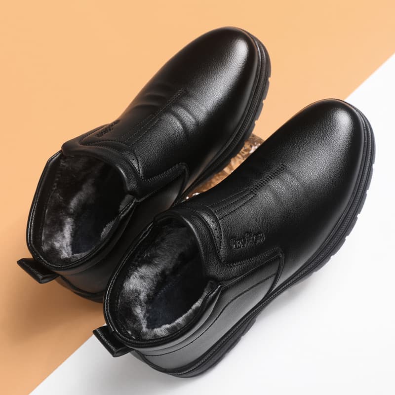 Winter Anti-Slip High-Top Warm Men's Leather Shoes, Fleece-Lined Cotton Shoes, Thickened Casual Men's Cotton Boots for Middle-Aged and Elderly, Dad's Cotton Boots