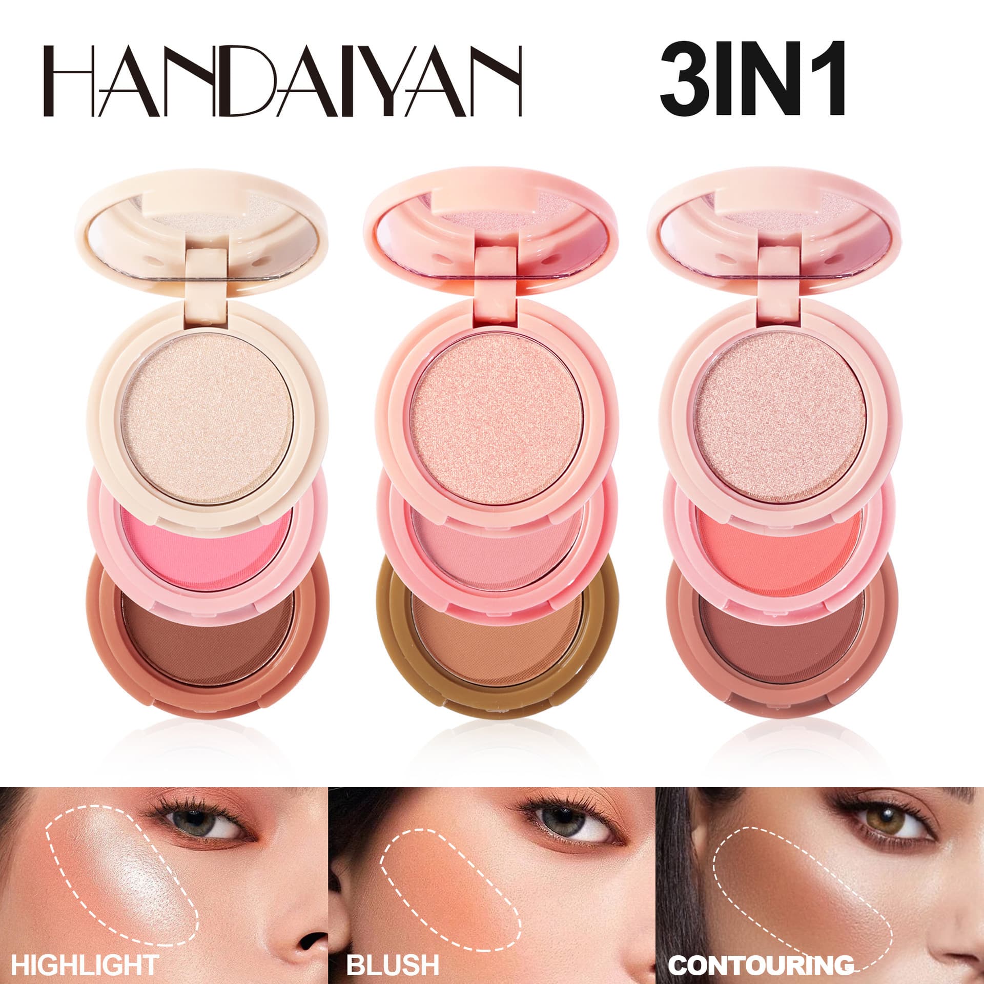Handaiyan Eyeshadow Highlighter Blush Contour Palette Moonstone Shimmer Face Nose Shadow 3-in-1