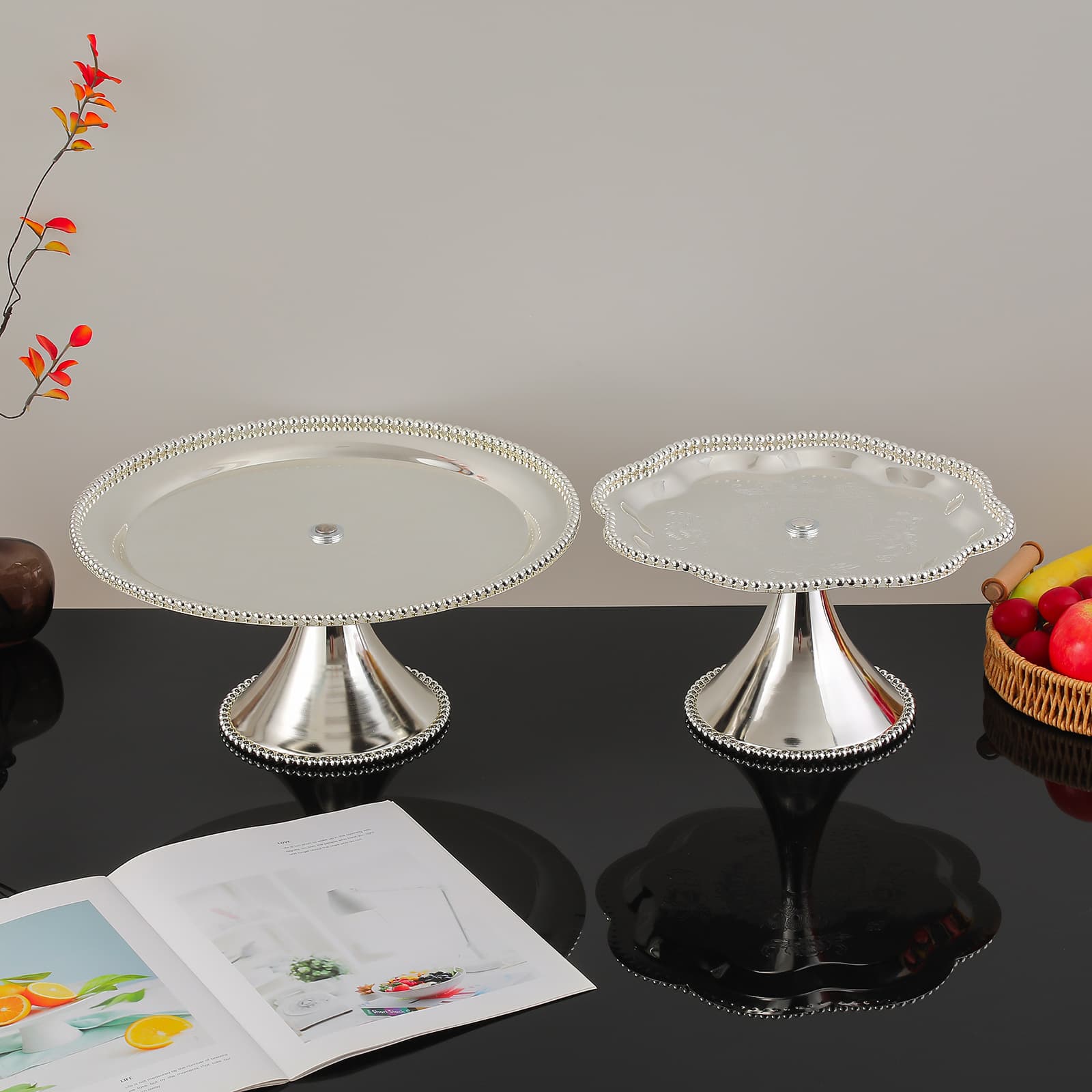 Exquisite Vintage Afternoon Tea Tableware European High-Foot Round Bead Plate Silver Cake Stand Dessert Snack Fruit Tray