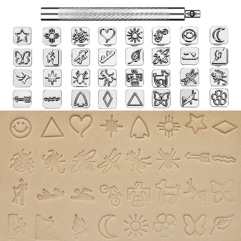 32-Piece Leather Carving Insect Stamp Set, Native American Style DIY Leather Craft Tool, Leather Embossing Tool