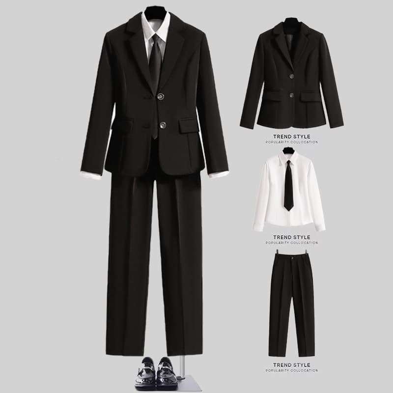 New Professional Women's Suit Set - Black Double-Breasted Blazer and Trousers for Interview and Workwear