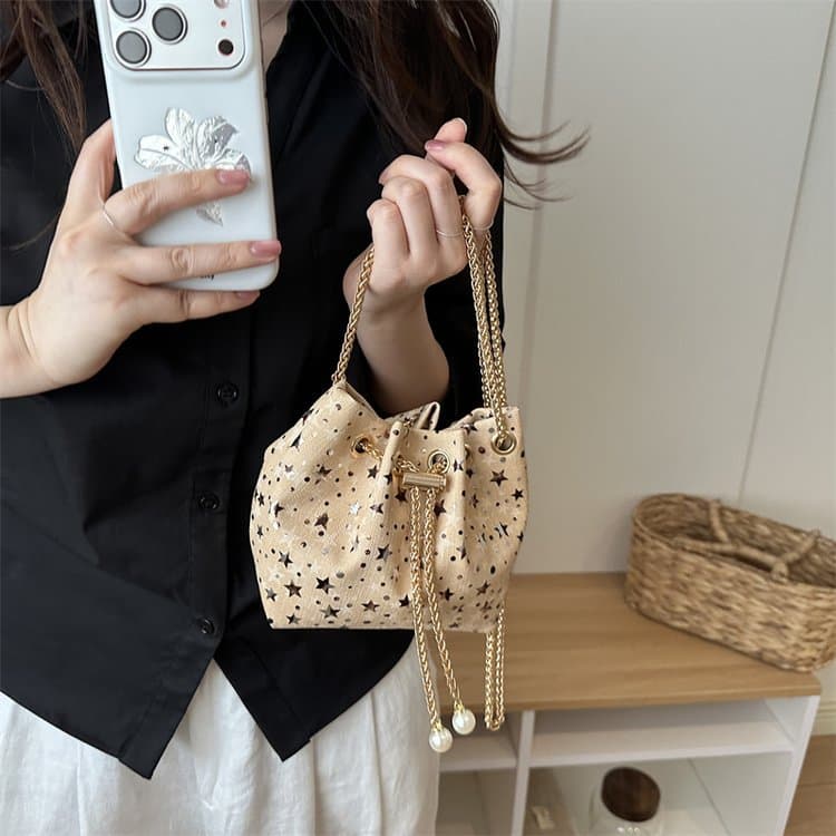 2026 Summer Fashion Bags for Women Korean Style Sparkling Pearl Bucket Bag Versatile Chain Shoulder Crossbody Bag Trend