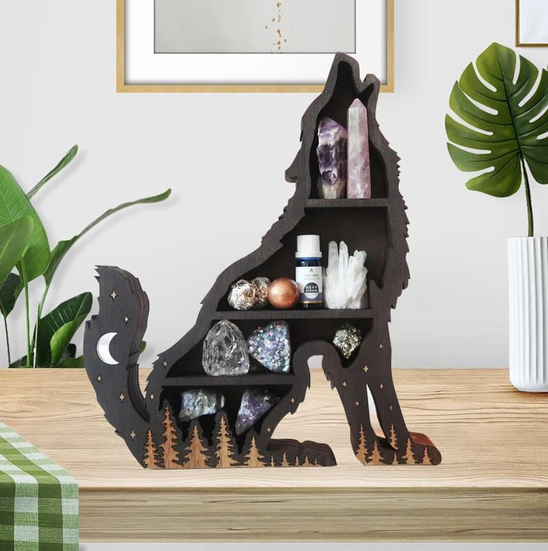 Wooden Crystal Plant Stand Moon Cat Life Tree Fairy Home Wood Carving Storage Rack Decorative Item for Home Garden Decoration
