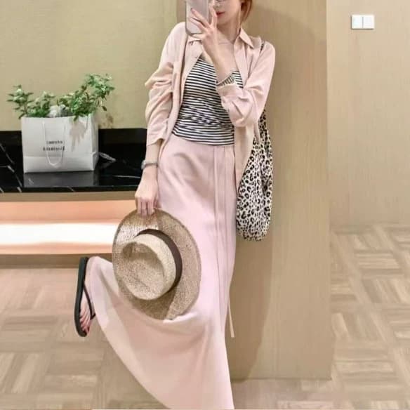2026 New Lazy Style Classic Fashion Commute Versatile Shirt + Elastic Waist Skirt Set