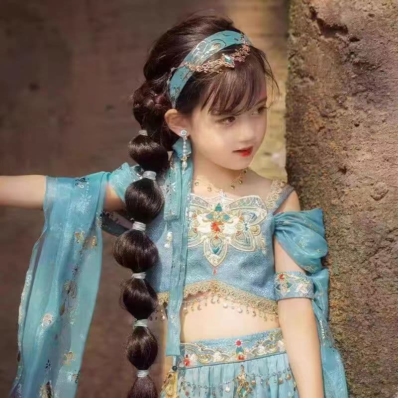New Princess Jasmine Kids Aladdin Costume, Exotic Ethnic Hanfu Performance Set for Girls, Travel Wear
