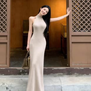 Elegant Socialite Style Solid Color Halter Neck Knit Dress Spring Summer Women Fitted High-Waist Slimming Off-Shoulder Bodycon Long Skirt
