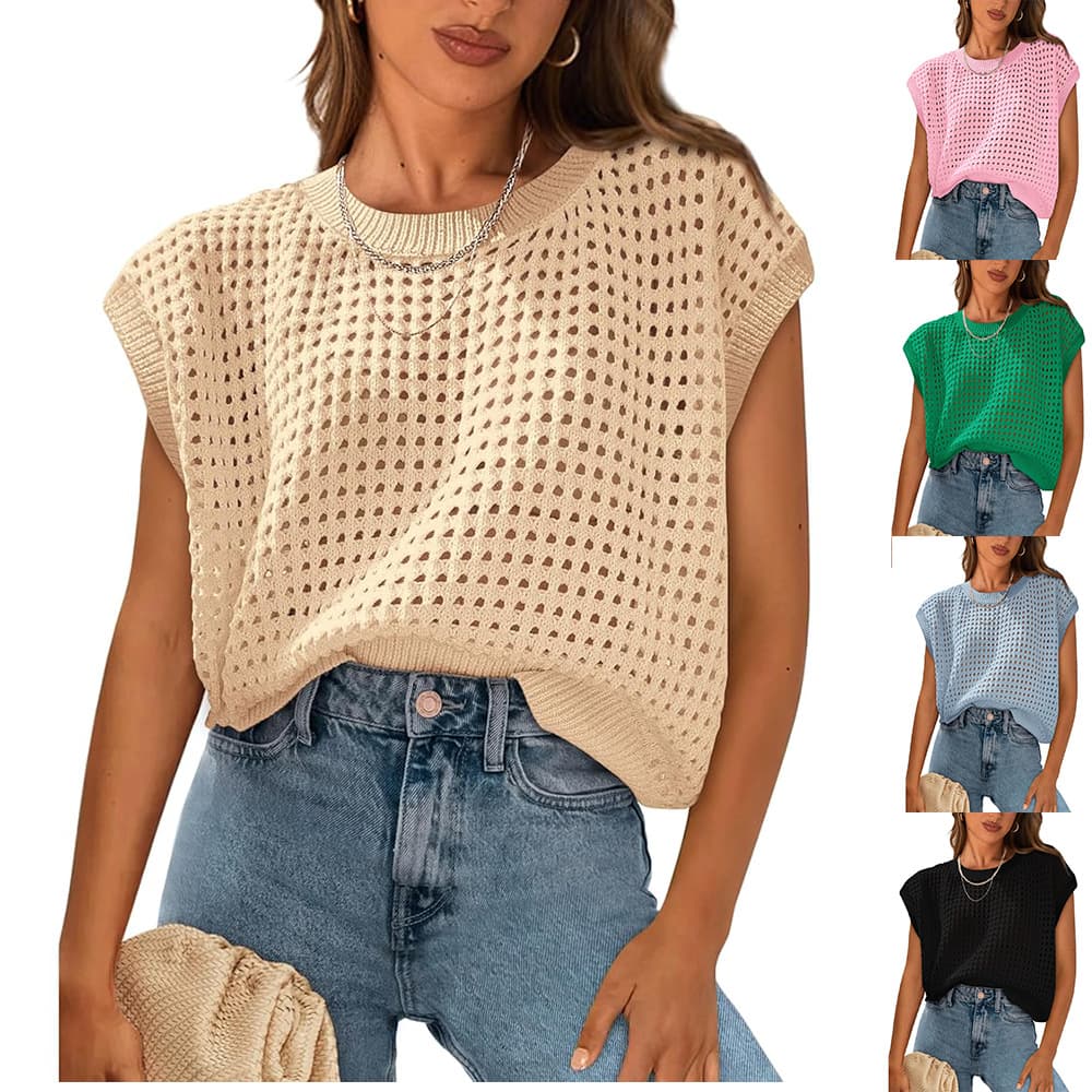 Summer new style European and American style hollow knitted sleeveless loose sweater women's round neck casual pullover cross-border women's clothing