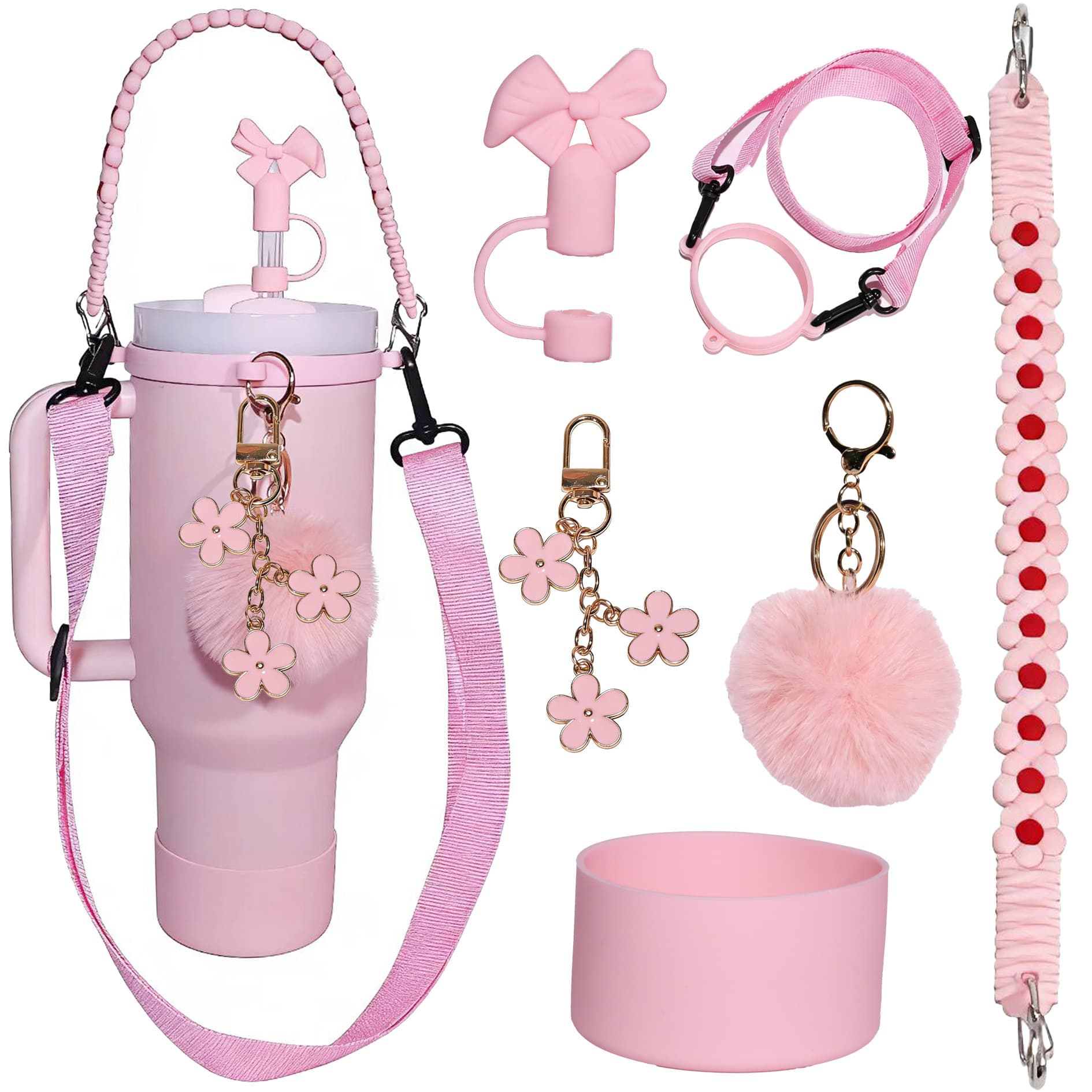 Stanley Cup 7-Piece Set with Crossbody Shoulder Strap, Silicone Flower Handle, Flower Chain, and 6cm Pom Pom