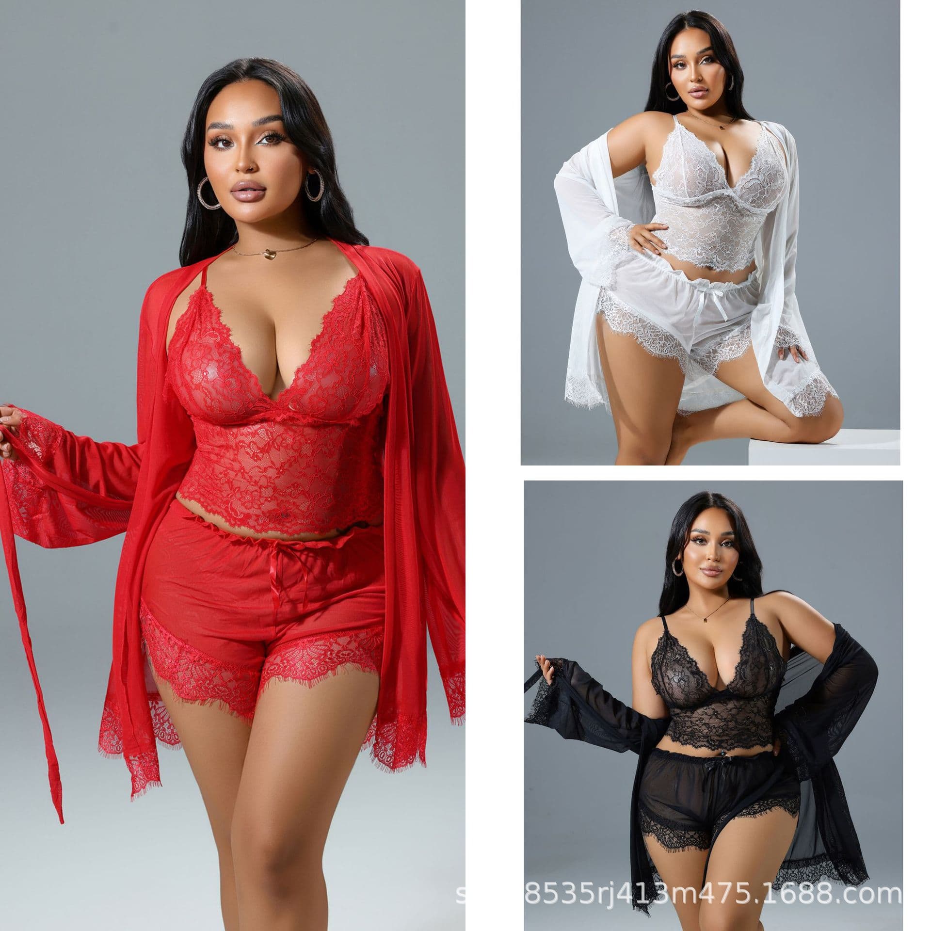 Plus Size Cross-Border Black White Red Lingerie Camisole Boxer Shorts European American Cape Sexy Set Sexy Robe for Export