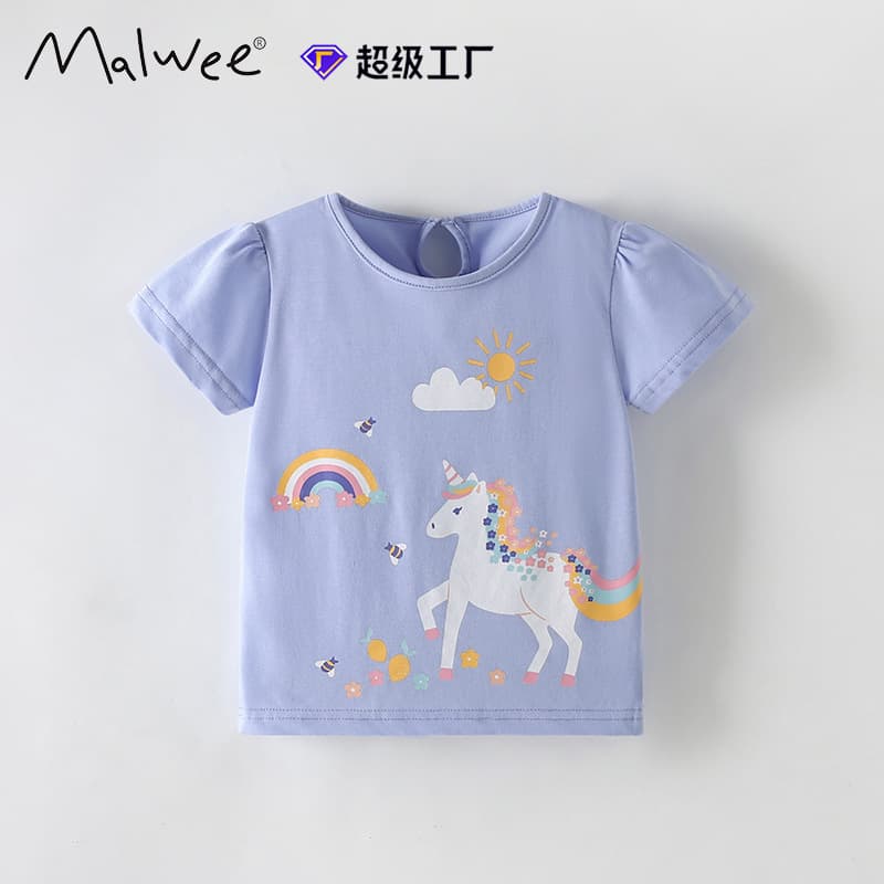 Malwee Short Sleeve Summer T-Shirt for Kids, Round Neck Cute Little Girl Top, European and American Style