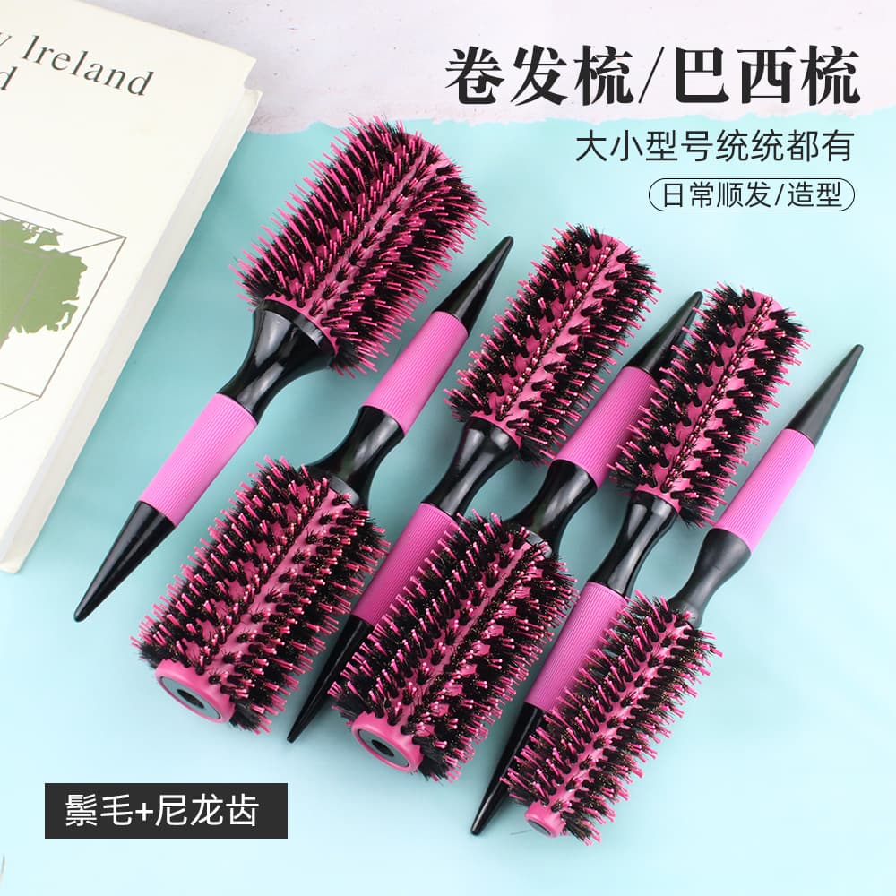 Pink Aluminum Tube Roller Comb Natural Wooden Handle Bristle Styling Comb Size 6-Piece Set Heated Fluffy Wavy Curly Hair Comb