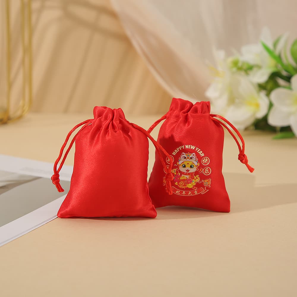 Chinese New Year heat transfer logo satin drawstring pouch full-color pattern printing drawstring bag cultural creative merchandise jewelry bag