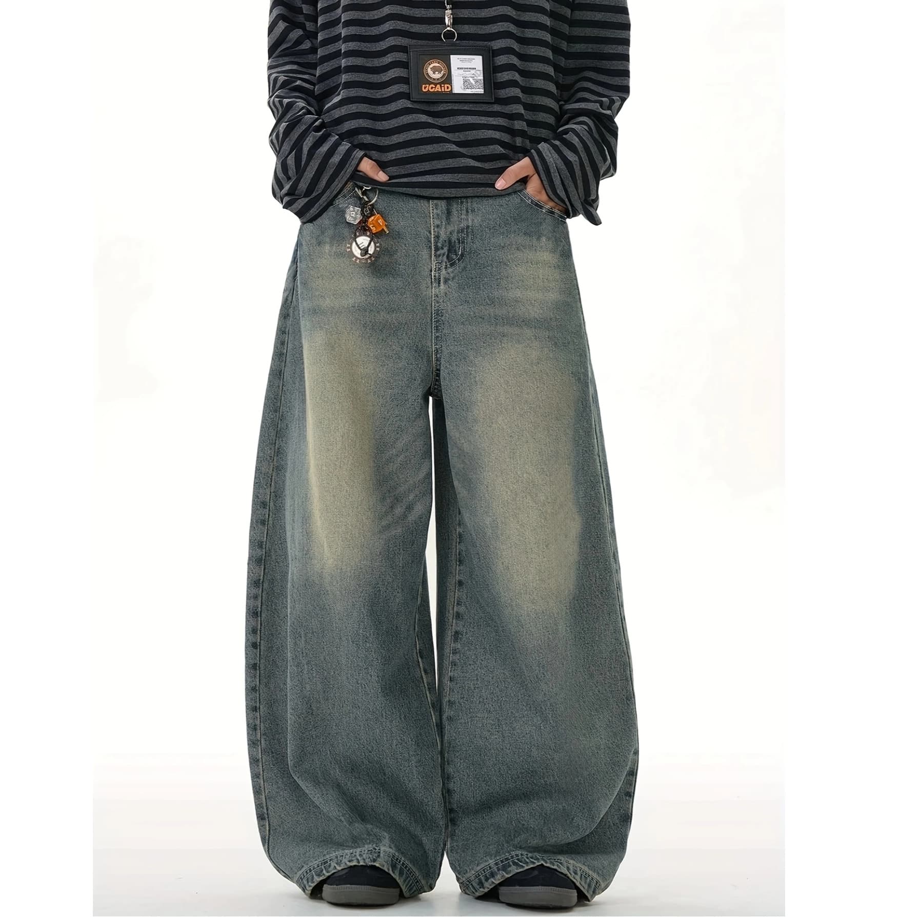 Men's Loose Fit Wide Leg Jeans - High Street Style, Relaxed Fit, All Season, Belt Not Included