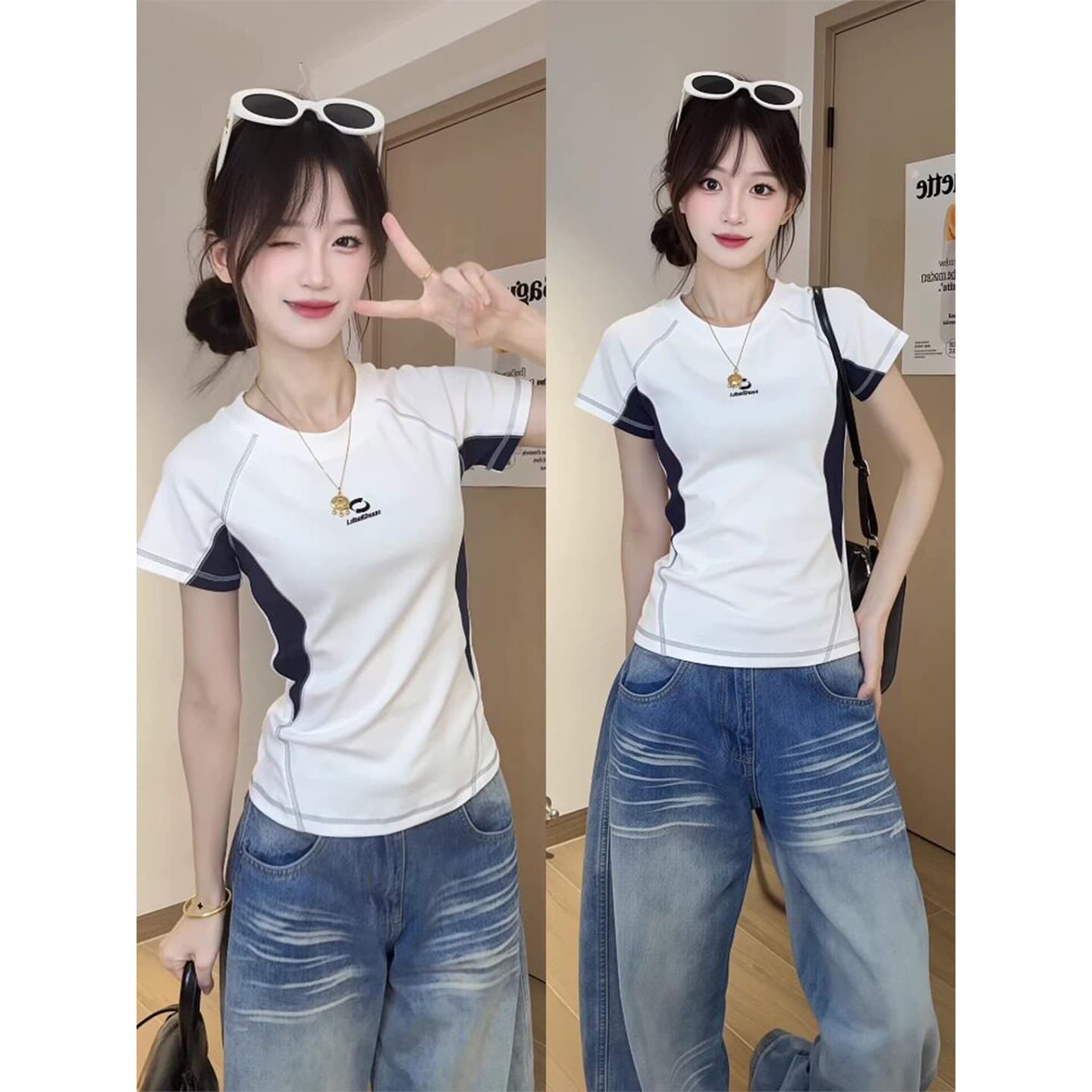 Sports Style Contrast Color Patchwork Short Sleeve T-Shirt for Women, Summer Slim Fit, Waist-Cinching Design, Unique Square Neck Top, Trendy