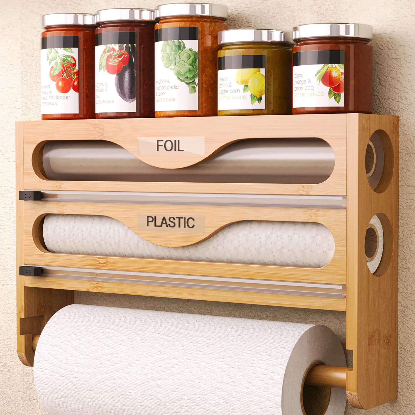 All-in-One Wall-Mounted Plastic Wrap Cutter Bamboo Kitchen Layered Foil Korean Simple Multi-Compartment Storage Box