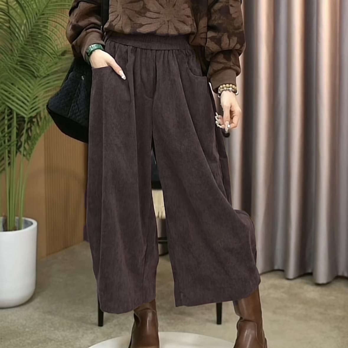 6413# Vintage Chic Old Money Corduroy Cropped Wide-Leg Pants, Spring/Fall New Plus Size Loose Slimming Women's Pants
