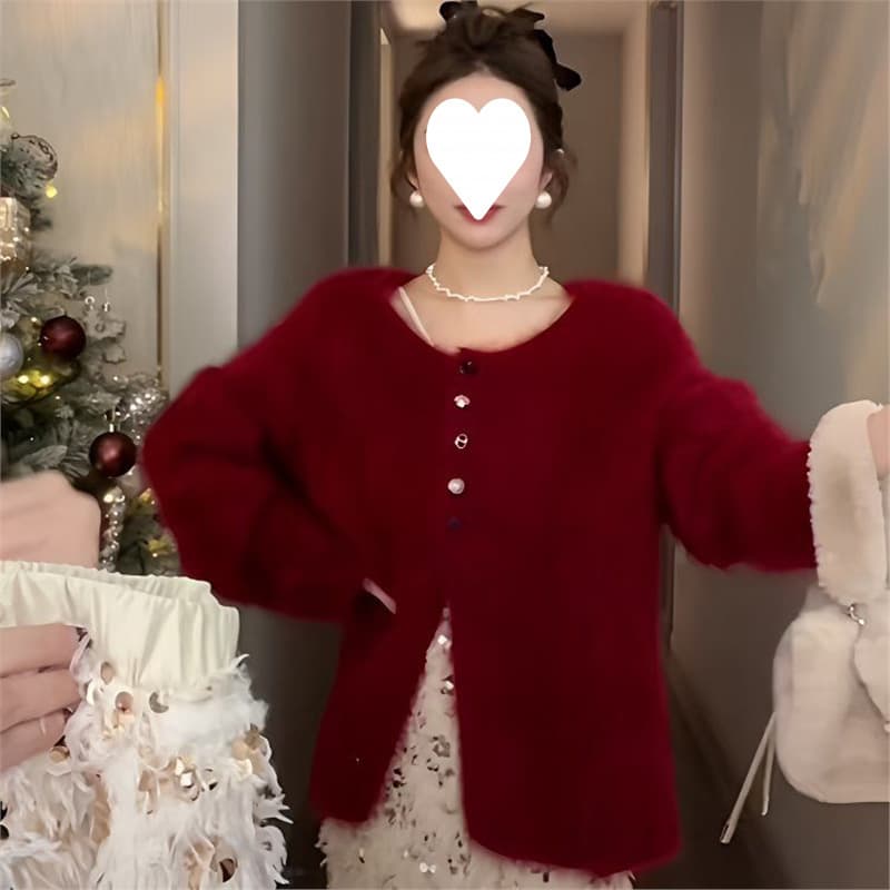 2025 Red New Style Elegant Slimming Knit Coat Knitwear New Year Top Cardigan Sweater European/American
