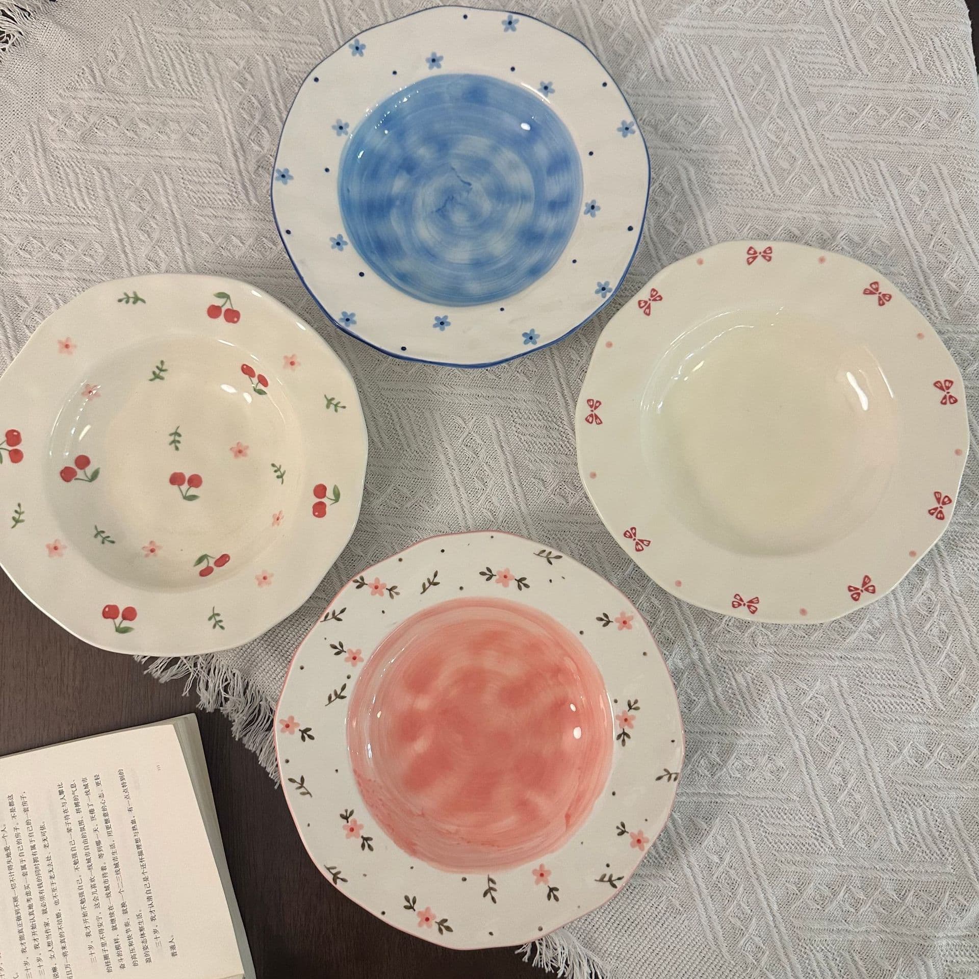 Korean Ins Style Irregular Hand-Painted 8-Inch Ceramic Deep Plate, High-End Dessert Plate Salad Bowl Soup Bowl