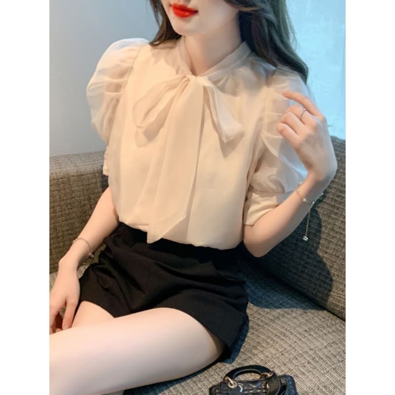 Women's Puff Sleeve Short Sleeve Blouse Summer 2023 New Bow Chiffon Top Unique Chic Pretty Shirt