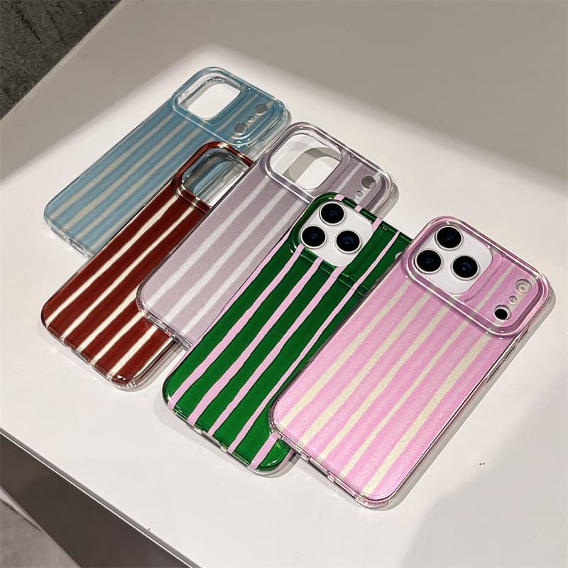 Ins Style Striped Pink Green Sweet iPhone 16 Pro Max Apple 15/14 Anti-Drop Phone Case 17/13 Dual Layer IMD
