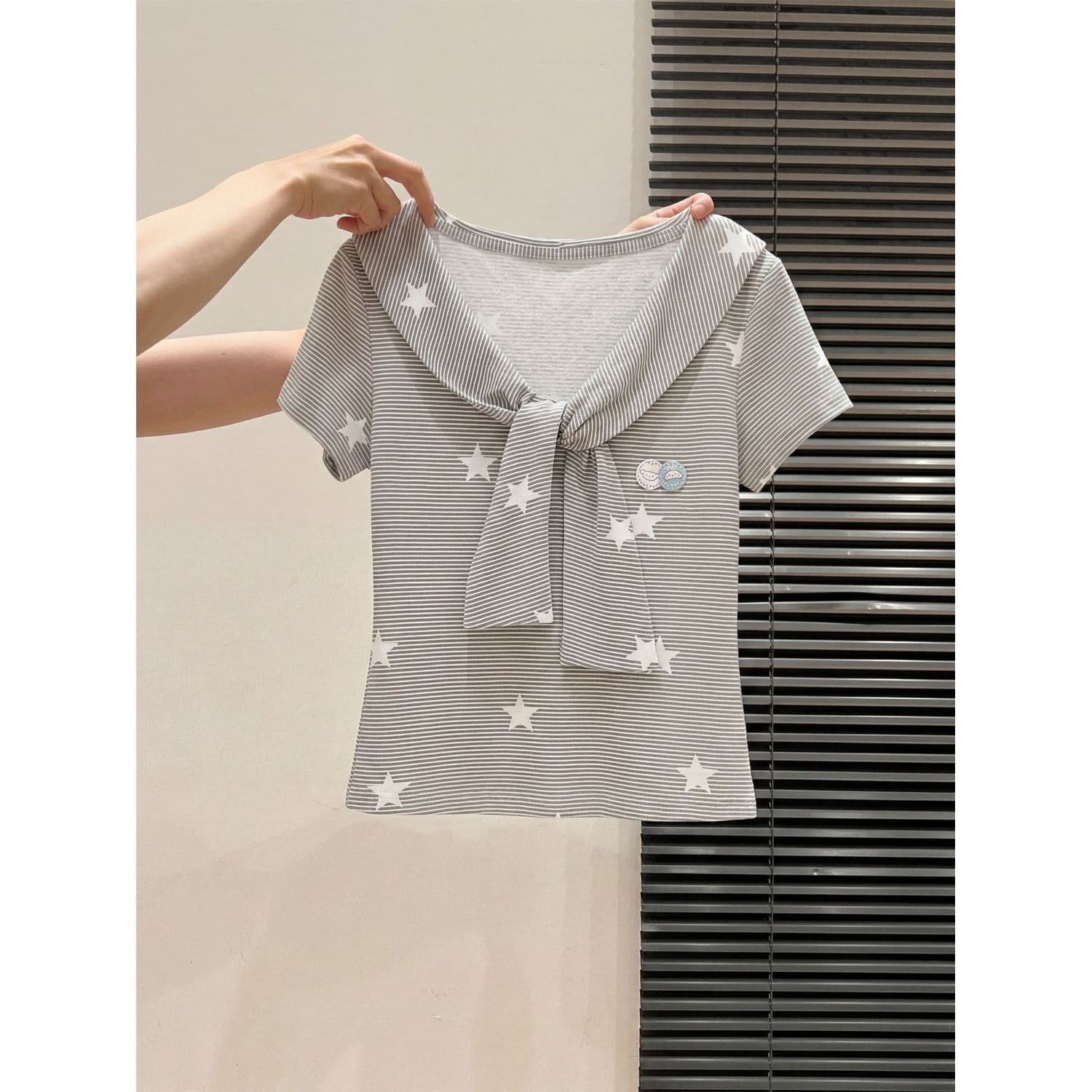 Korean college style striped stars right shoulder short-sleeved T-shirt women's summer new small strappy top ins