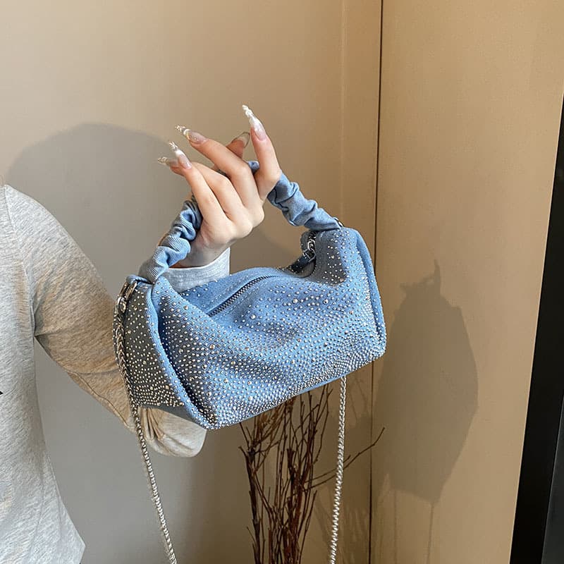 Cross-border niche fashion denim women's bag hand-held pleated chain shoulder cross-body dumpling bag full of diamonds cloud small bag
