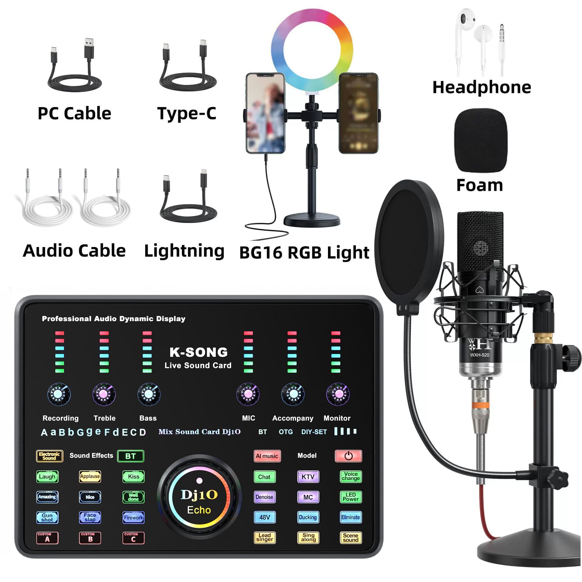 New Temu Live Streaming Sound Card AI Voice Bluetooth Dedicated Full Set for Mobile Phone KTV and Computer Universal AUDIO MIXER