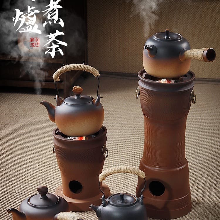 Retro floor-standing charcoal stove with tall chimney, dual-use (charcoal and electric), old-fashioned small stove for heating, boiling water with charcoal, and kung fu tea stove.