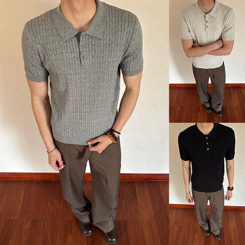 Old Money Style Polo Shirt with Seagull Collar, Short-Sleeved Knitwear for Men, Woven Cable Texture T-Shirt, Summer Cross-Border Factory Wholesale
