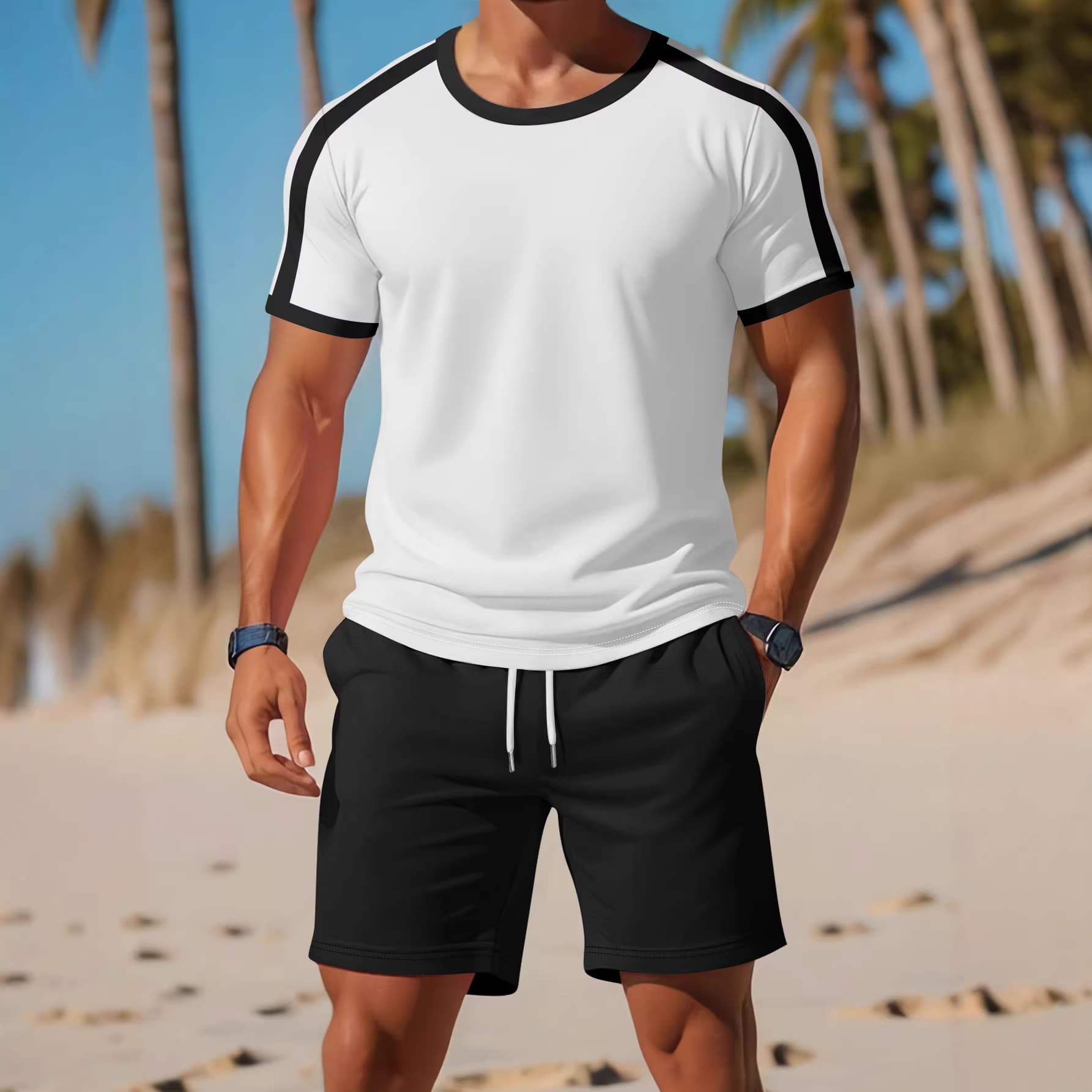 New Summer Cross-Border Plus Size Men's Sports Round Neck T-Shirt Set Color-Block Casual Running Short Sleeve