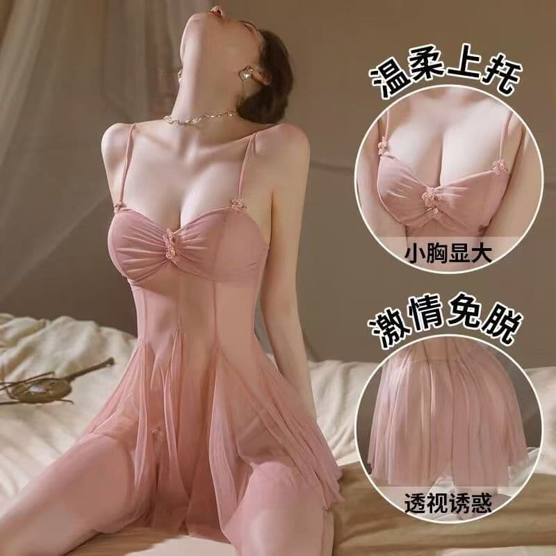 Sexy Lingerie Pure Desire Women's Tempting Off-Shoulder Chemise Sleepwear for Small Bust Mesh Sheer