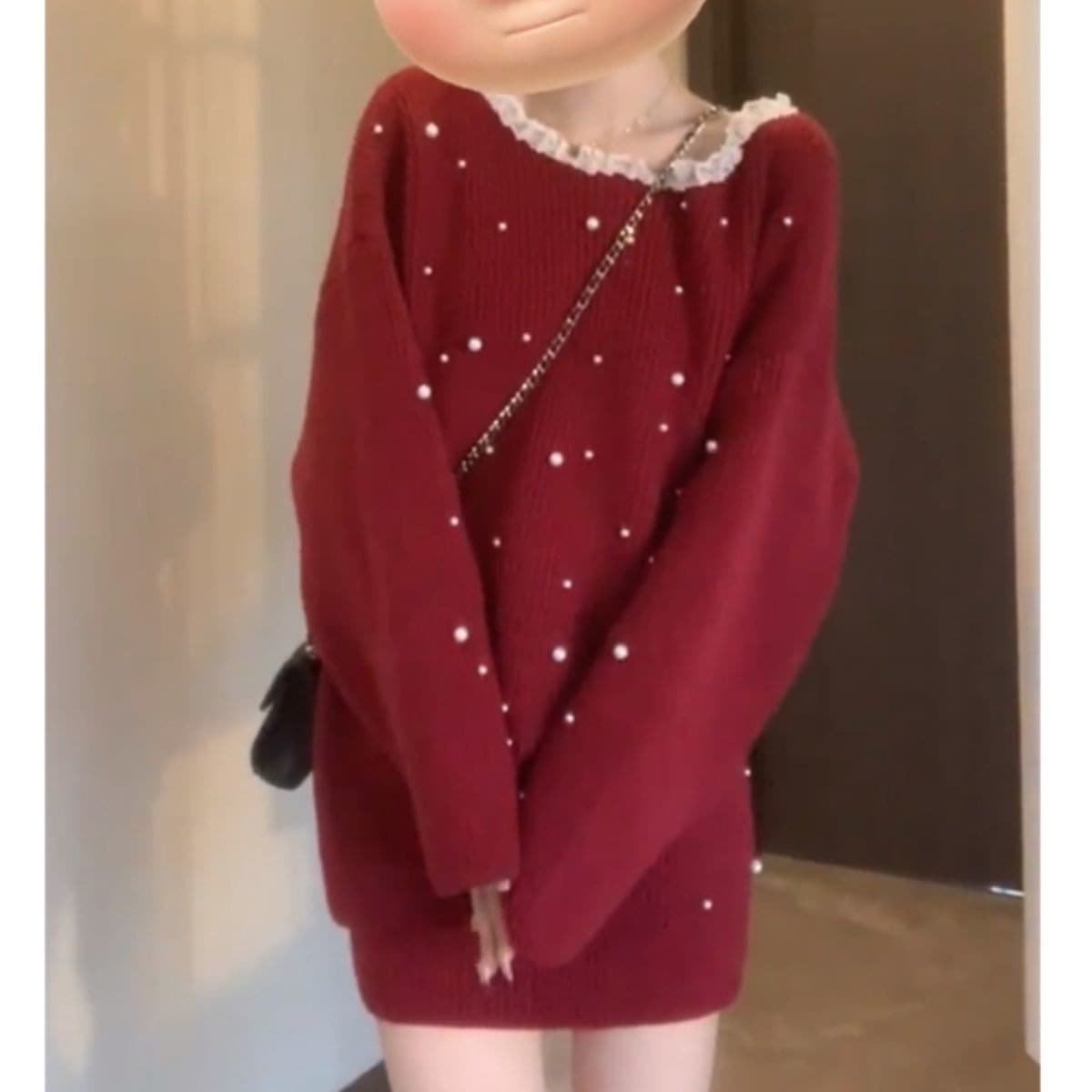 Christmas and New Year high-end outfits, autumn and winter women's red off-shoulder sweater, hip skirt, two-piece set