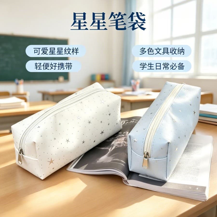 Star Dot Canvas Pencil Case Ins Simple High Appearance Large Capacity Zipper Student Stationery Storage Bag Large Pencil Case
