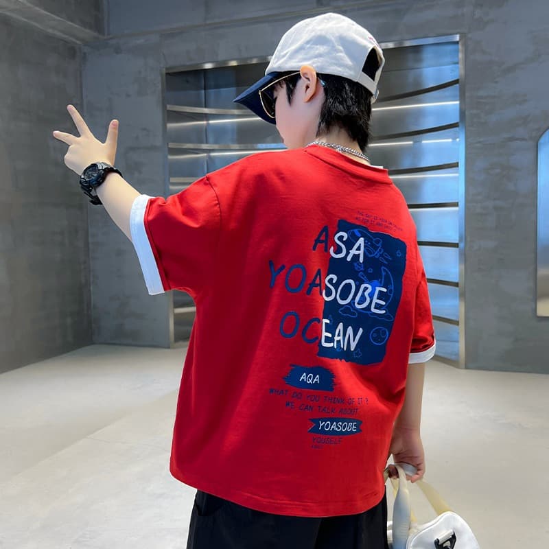 Boys' Cotton Half Sleeve T-Shirt Summer Casual Short Sleeve Red Top Trendy Streetwear for Elementary School Kids Comfortable Fit