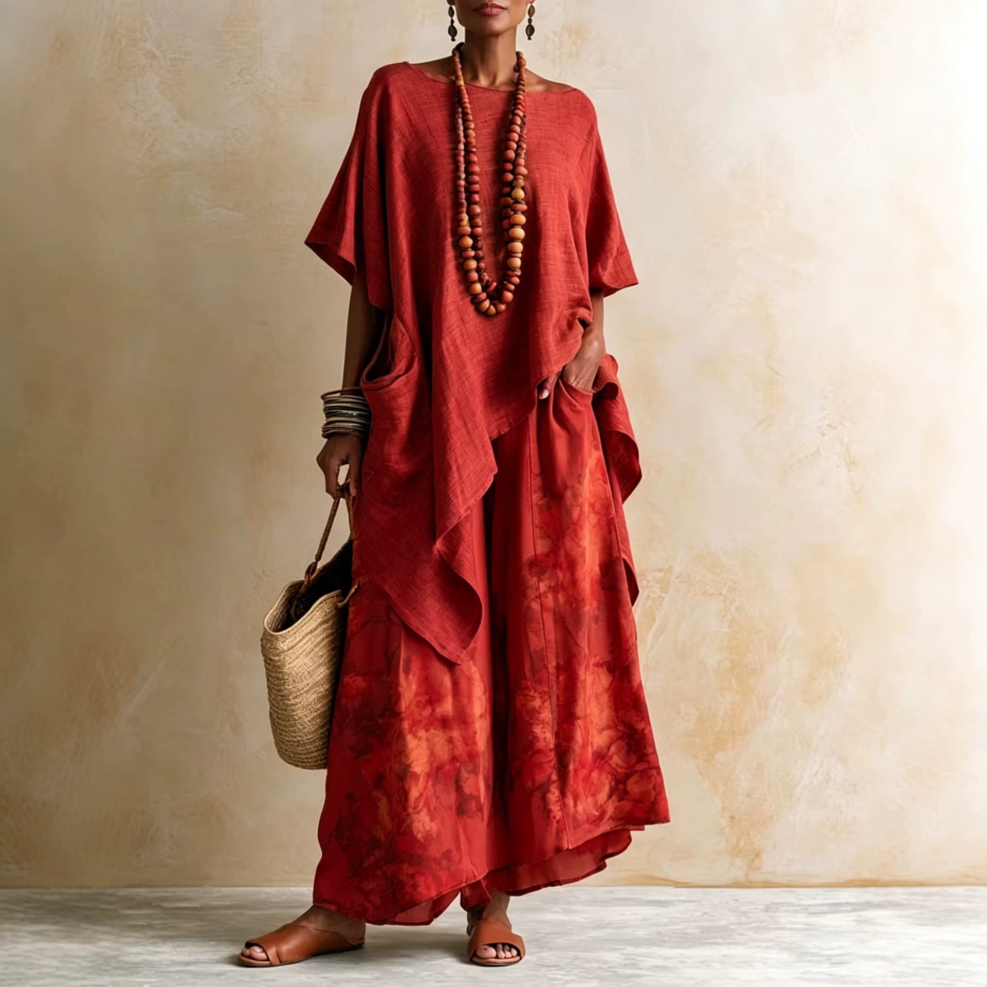2026 cross-border women's printed two-piece top loose wide-leg trousers seaside vacation ethnic style linen suit