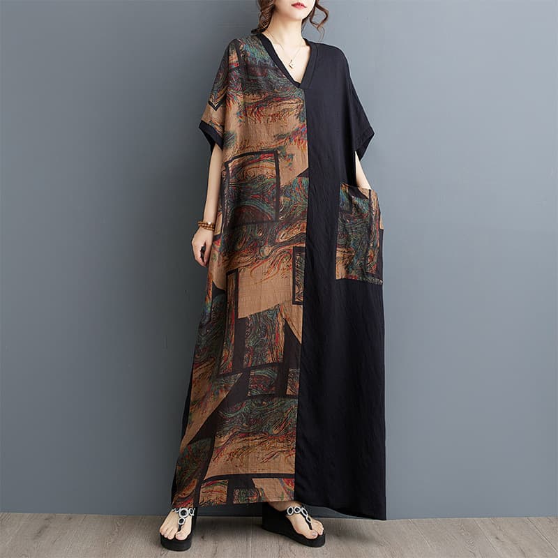 Foreign trade summer new thin cotton and linen printed slim V-neck short-sleeved contrasting color stitching black long dress length 133