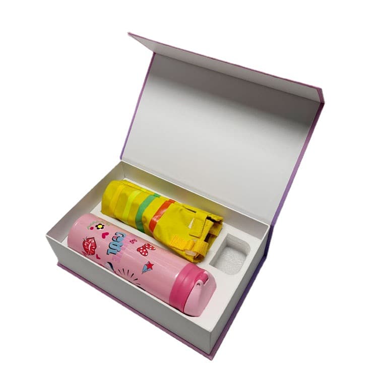 Custom Student Back-to-School Water Bottle Set Gift Box with PE Foam Insert, Hardcover Book-Style Box, Infant/Child Cartoon Gift