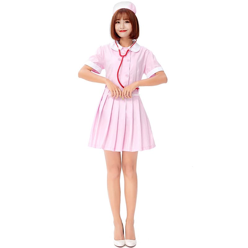 Halloween Sweet and Cute Nurse Costume Role-Play Pink White Adult Nurse Peter Pan Collar Dress
