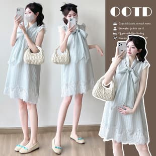 2026 Maternity Dress Summer New Trend Korean Style Striped Bow Tie Lace Small Flutter Sleeve Fashionable Dress