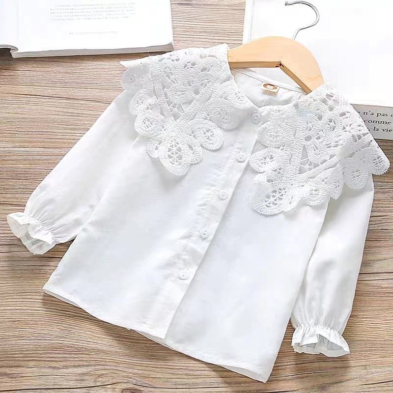 Girls' New Spring and Autumn Shirt Baby Casual All-Match Long-Sleeved White Shirt Children's Lace Blouse Trendy Overseas