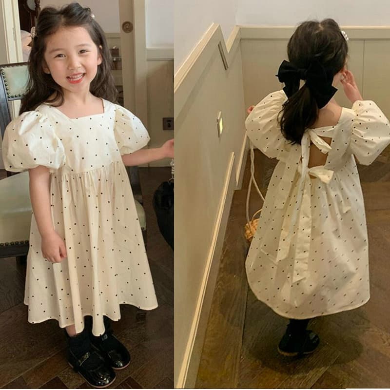 Girls' Polka Dot Dress with Puff Sleeves and Tie-Up Design, Princess Dress, Summer 2026 New Style, Export Children's Clothing, Wholesale