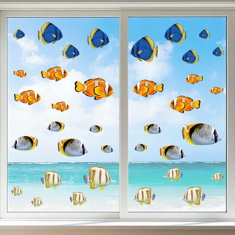 Cross-border Summer Tropical Fish Home Decorative Wall Sticker PVC Self-Adhesive Ocean Fish School Window Sticker Bathroom Decoration