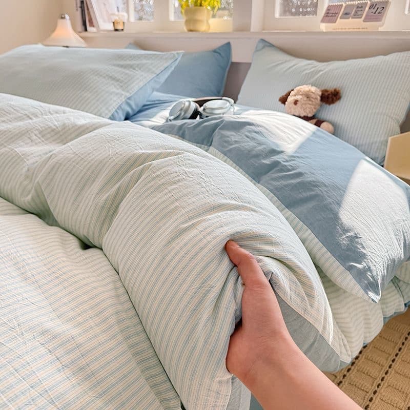 Unprinted cotton yarn-dyed high-end washed cotton bed four-piece set pure cotton bed sheet quilt cover student dormitory three-piece set
