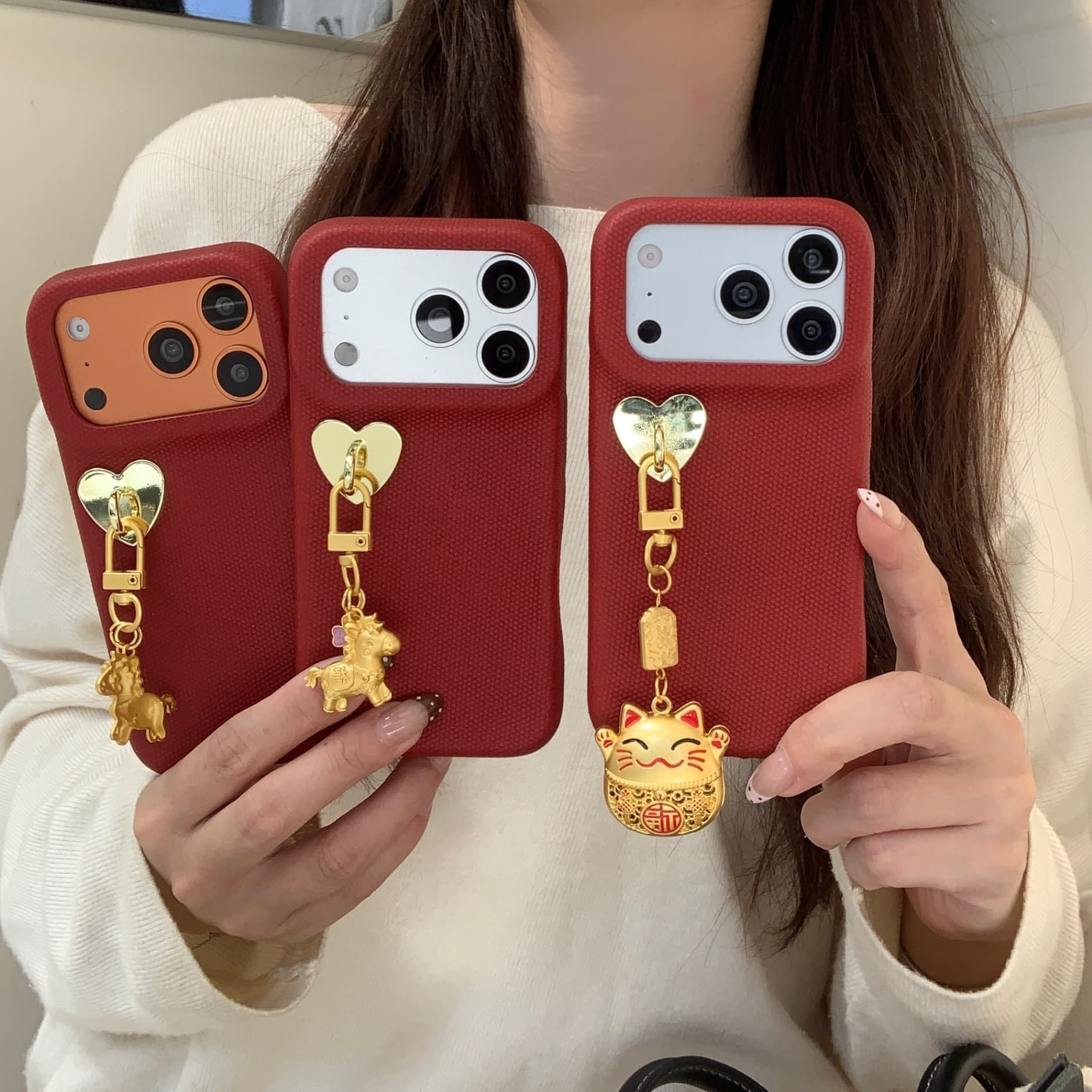 Chinese Red Heart Pendant Compatible with Apple 17 Phone Case iPhone 16 Pro Max Lucky Cat 15 Protective Cover 14